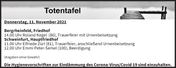 Anzeige von Totentafel vom 11.11.2021 von MGO