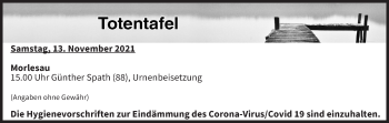Anzeige von Totentafel vom 13.11.2021 von MGO