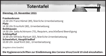 Anzeige von Totentafel vom 23.11.2021 von MGO