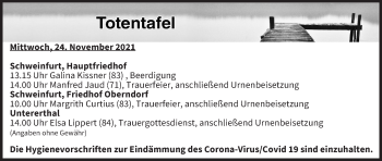 Anzeige von Totentafel vom 24.11.2021 von MGO