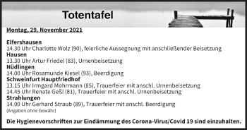 Anzeige von Totentafel vom 29.11.2021 von MGO