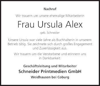 Anzeige von Ursula Alex von MGO