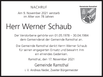 Anzeige von Werner Schaub von MGO