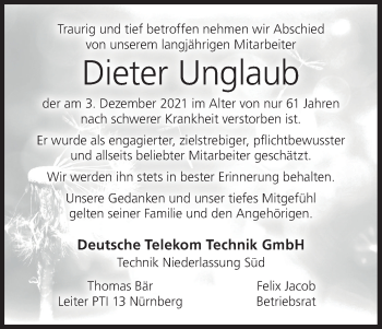 Anzeige von Dieter Unglaub von MGO