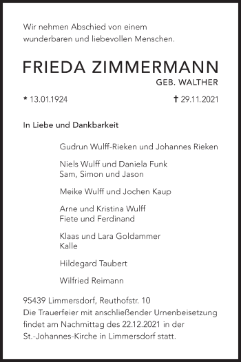 Anzeige von Frieda Zimmermann von MGO