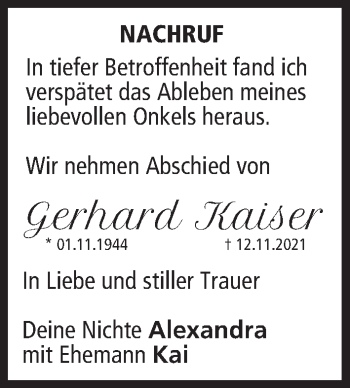 Anzeige von Gerhard Kaiser von MGO