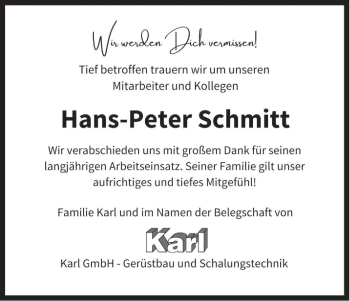 Anzeige von Hans-Peter Schmitt von MGO