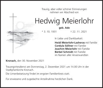 Anzeige von Hedwig Meierlohr von MGO