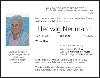 Anzeige von Hedwig Neumann von MGO