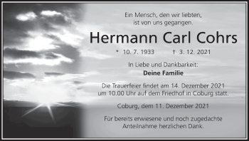Anzeige von Hermann Carl Cohrs von MGO