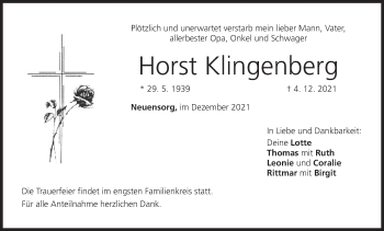 Anzeige von Horst Klingenberg von MGO