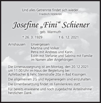 Anzeige von Josefine Schiener von MGO