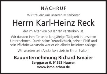 Anzeige von Karl-Heinz Reck von MGO