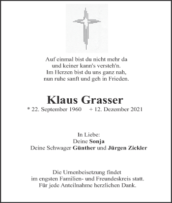 Anzeige von Klaus Grasser von MGO