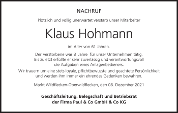 Anzeige von Klaus Hohmann von MGO