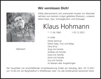 Anzeige von Klaus Hohmann von MGO
