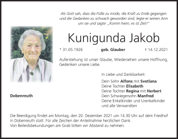 Anzeige von Kunigunda Jakob von MGO