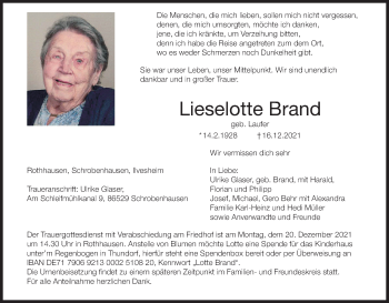Anzeige von Lieselotte Brand von MGO