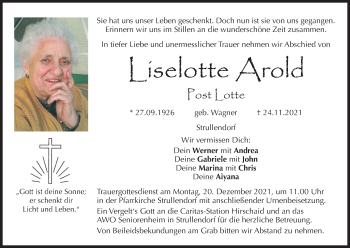 Anzeige von Liselotte Arold von MGO