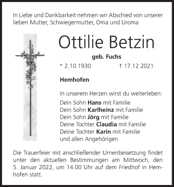 Anzeige von Ottilie Betzin von MGO
