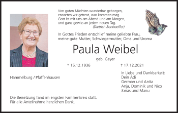 Anzeige von Paula Weibel von MGO