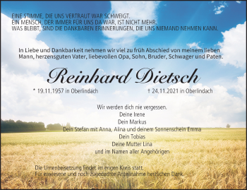 Anzeige von Reinhard Dietsch von MGO