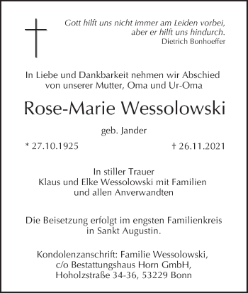 Anzeige von Rose-Marie Wessolowski von MGO