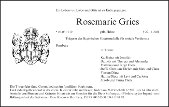 Anzeige von Rosemarie Gries von MGO