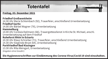 Anzeige von Totentafel vom 03.12.2021 von MGO