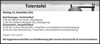 Anzeige von Totentafel vom 13.12.2021 von MGO