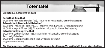 Anzeige von Totentafel vom 14.12.2021 von MGO