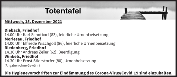 Anzeige von Totentafel vom 15.12.2021 von MGO