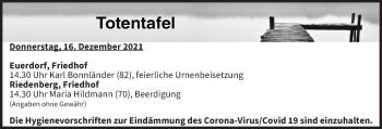 Anzeige von Totentafel vom 16.12.2021 von MGO