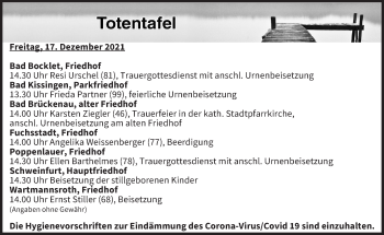 Anzeige von Totentafel vom 17.12.2021 von MGO