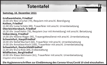 Anzeige von Totentafel vom 18.12.2021 von MGO