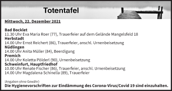 Anzeige von Totentafel vom 22.12.2021 von MGO