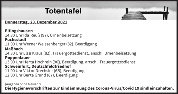 Anzeige von Totentafel vom 23.12.2021 von MGO