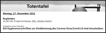 Anzeige von Totentafel vom 27.12.2021 von MGO