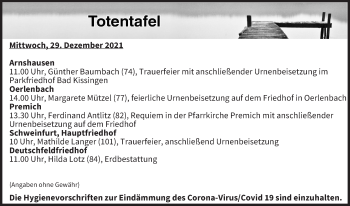 Anzeige von Totentafel vom 29.12.2021 von MGO