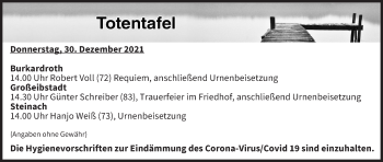 Anzeige von Totentafel vom 30.12.2021 von MGO