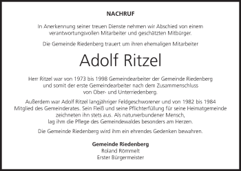 Anzeige von Adolf Ritzel von MGO