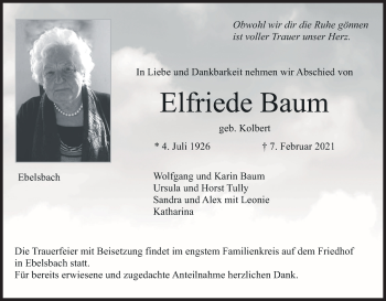Anzeige von Elfriede Baum von MGO