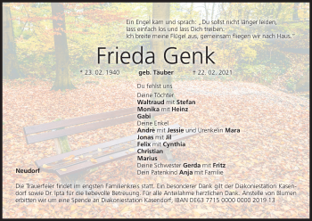Anzeige von Frieda Genk von MGO