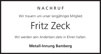 Anzeige von Fritz Zeck von MGO