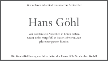 Anzeige von Hans Göhl von MGO
