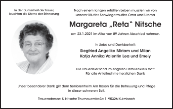 Anzeige von Margareta  Nitsche von MGO