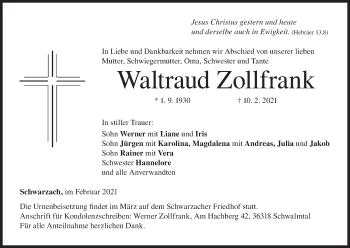 Anzeige von Waltraud Zollfrank von MGO