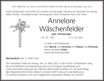 Anzeige von Annelore Wäschenfelder von MGO