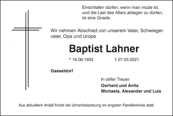 Anzeige von Baptist Lahner von MGO