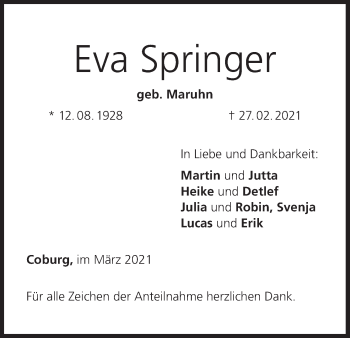 Anzeige von Eva Springer von MGO